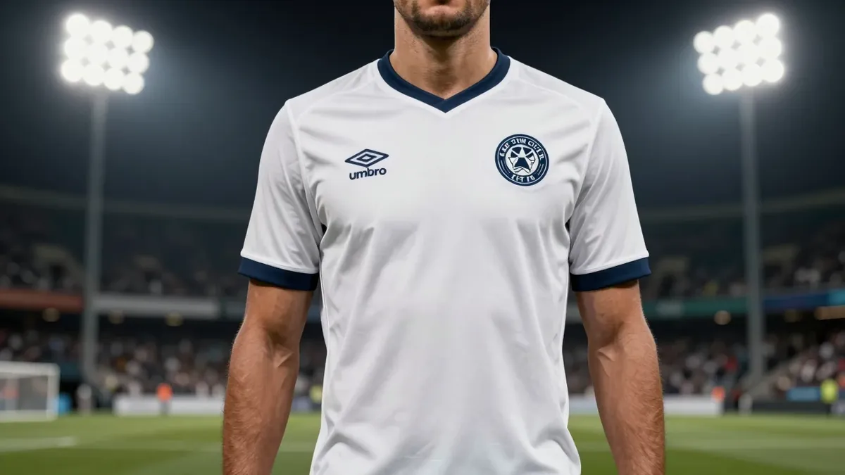 A photorealistic image of a Cape Town City FC player, wearing the new 2026/27 home kit with Umbro, standing in front of a...