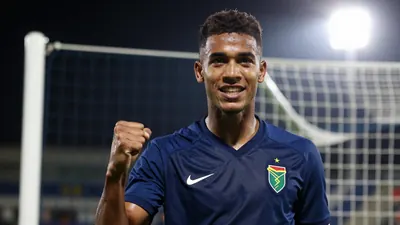A 23-year-old South African midfielder in a dark blue jersey, celebrating a goal with a clenched fist